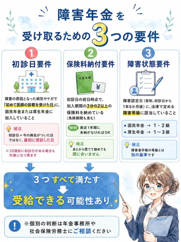 障害年金を受け取るための3つの要件の図解