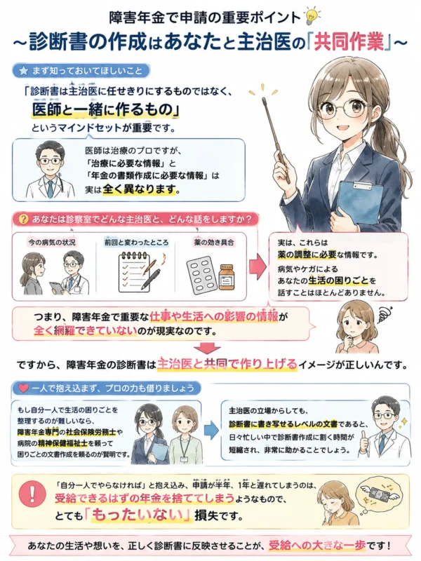 診断書の作成は主治医との共同作業の図解